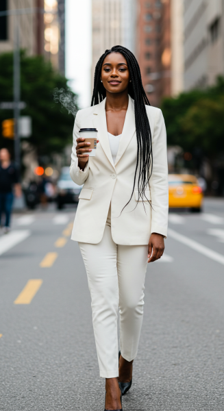 A black lady dressed in a white suit walking with a cup of coffee #1