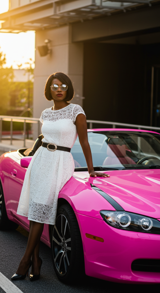 A black fashion woman standing by her pink car