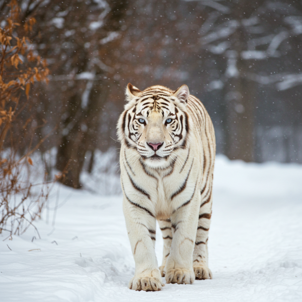 A majestic white tiger walking through a snowy forest #2