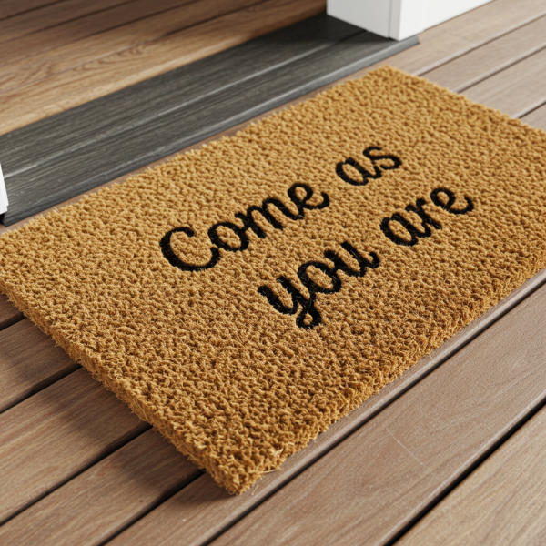 A doormat on a porch. the doormat says "come as you are" #4