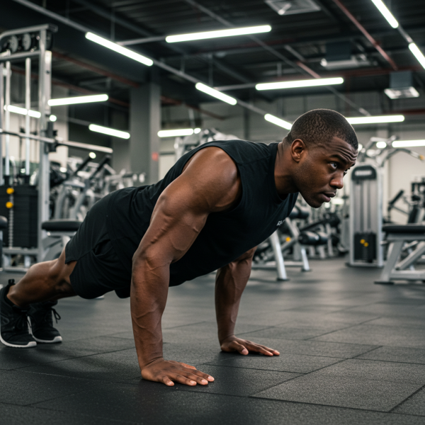 Side view of a  black man doing push-ups at the gym