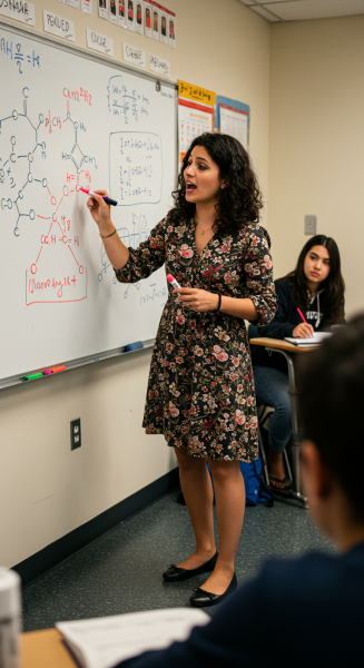 White Female teacher explaining a science concept on whiteboard
