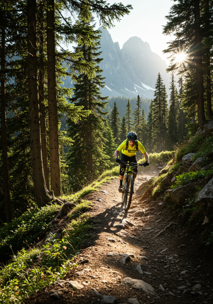 Cyclist racing on mountain trail