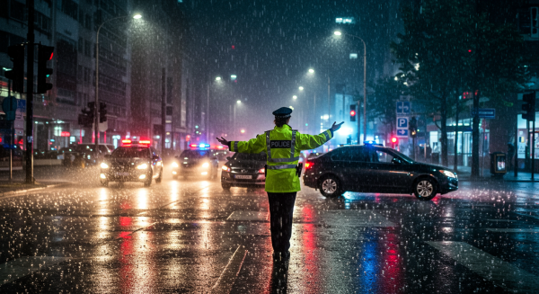Policewoman directing traffic during a heavy rainstorm #4