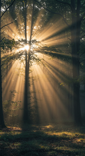 Sunrise over a misty forest with rays filtering through trees.