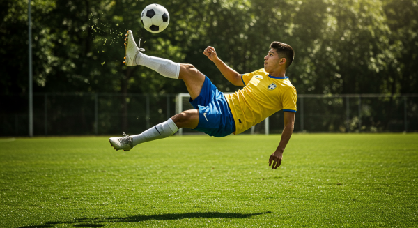 A soccer player performing an epic bicycle kick