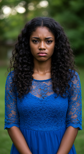 A pretty black woman in a blue dress with a sad face #2
