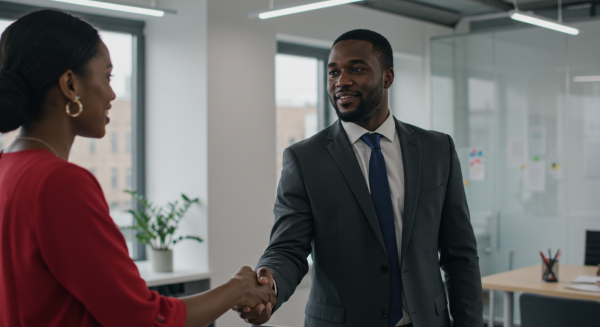 Black Businessman shaking hands with female colleague in office