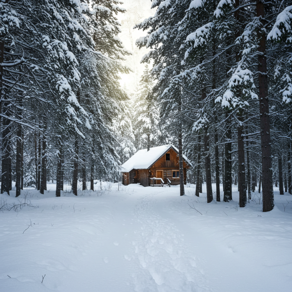 Snow-covered cabin in a winter forest