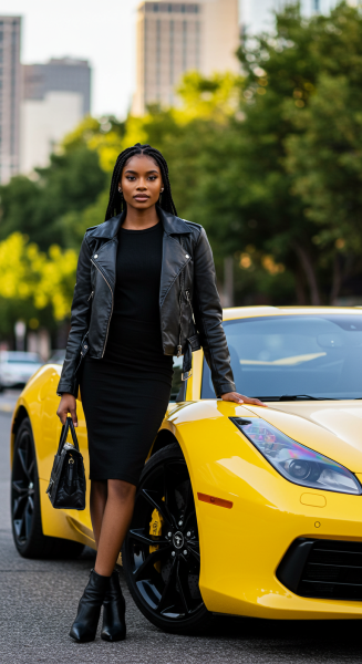 A photo of a black fashion lady standing by her yellow car
