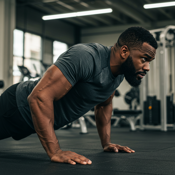 Side view of a  black man doing push-ups at the gym