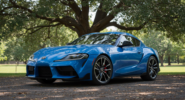 A new blue Toyota sports car parked under a tree #2