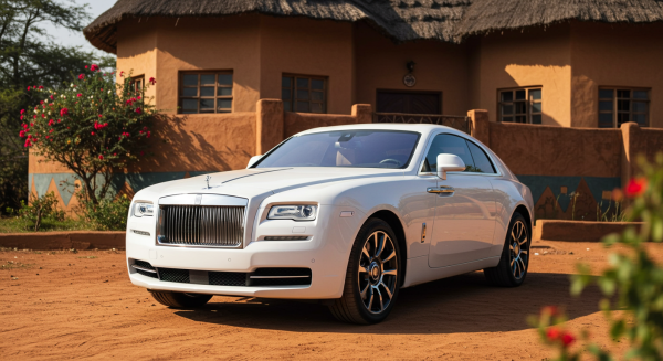 A new white Rolls Royce car parked in front a house in Africa #3