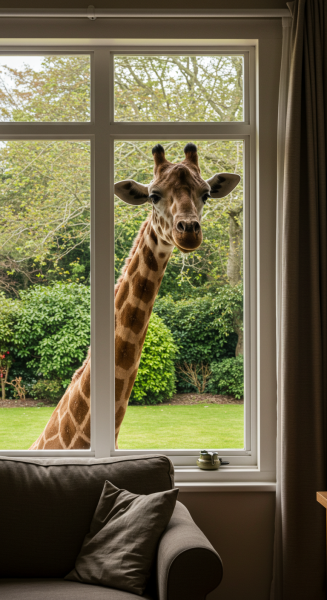 A giraffe looking into a room