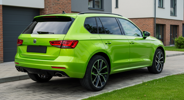 Back view of a green SUV #2