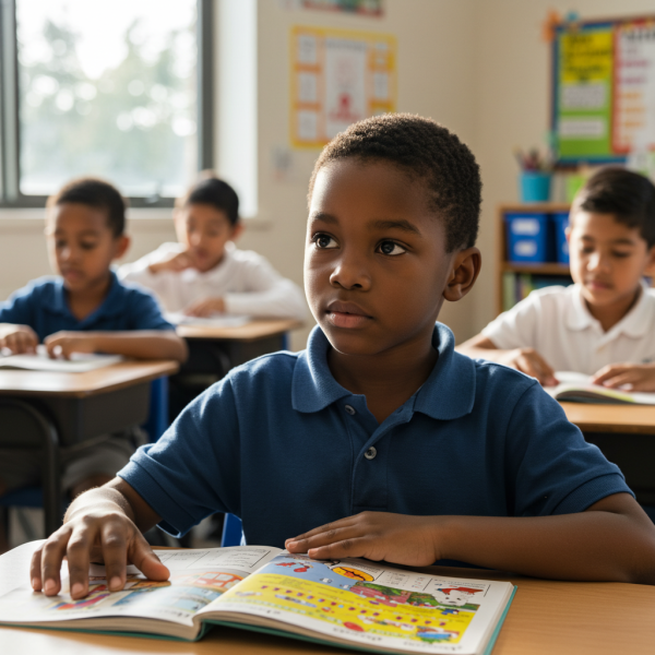 A black young boy in class