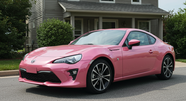 A new pink Toyota sports car parked in front a house #4