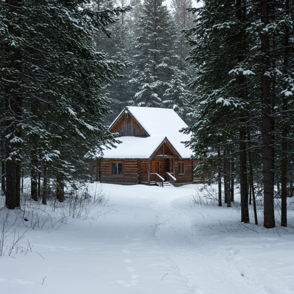 Snow-covered cabin in a winter forest