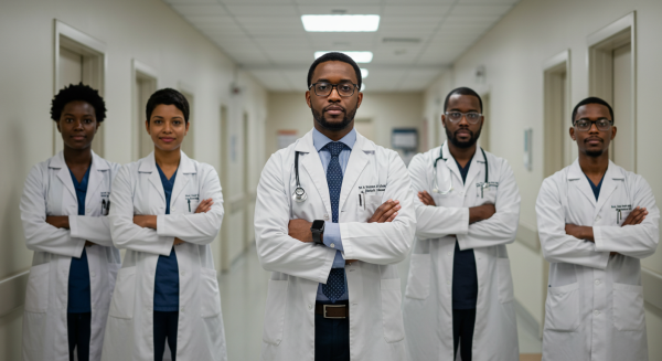A team of doctors with their arms folded