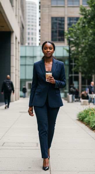 A black lady dressed in a suit walking with a cup of coffee