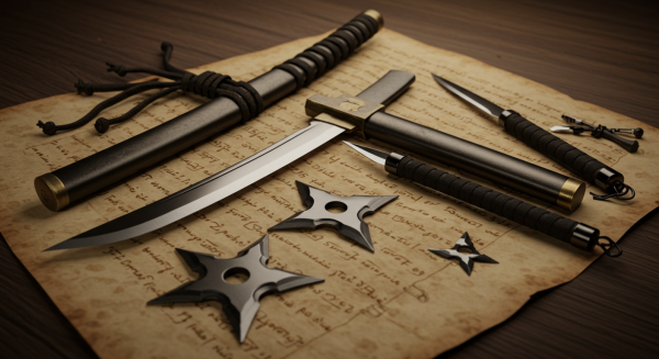 Stylized ninja weapons laid on parchment paper #4