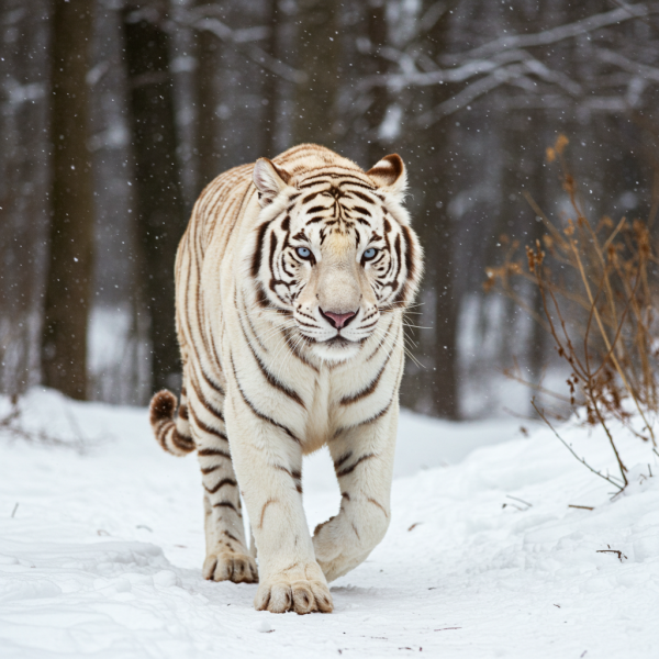 A majestic white tiger walking through a snowy forest