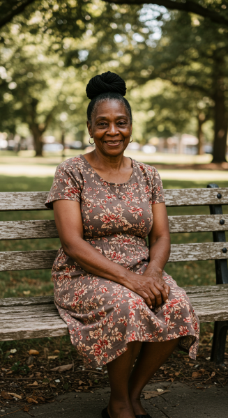 A fairly old black woman in a flowered dress sitting on a bench