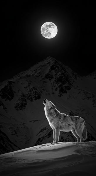 Black and white photograph of a lone wolf howling at the moon