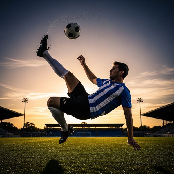 A soccer player performing an epic bicycle kick