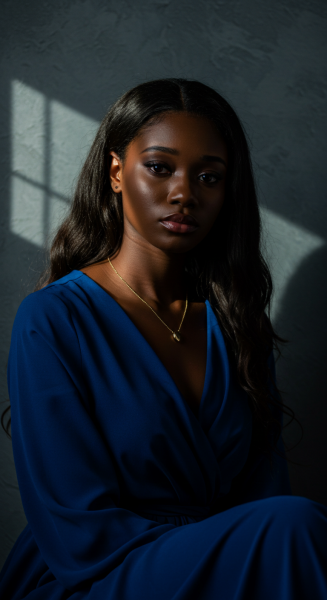 A pretty black woman in a blue dress with a sad face #4