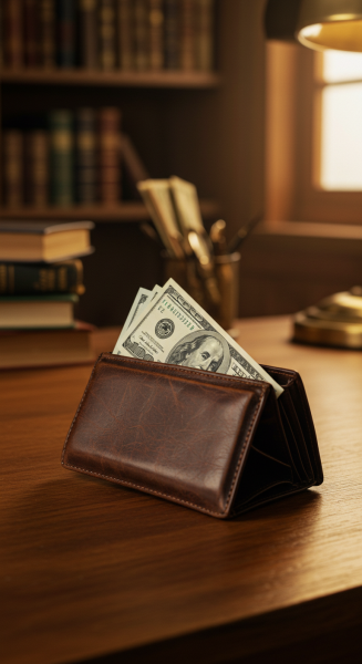 A photo of money in a brown wallet on a desk