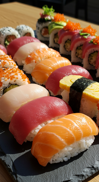 A vibrant plate of sushi beautifully arranged