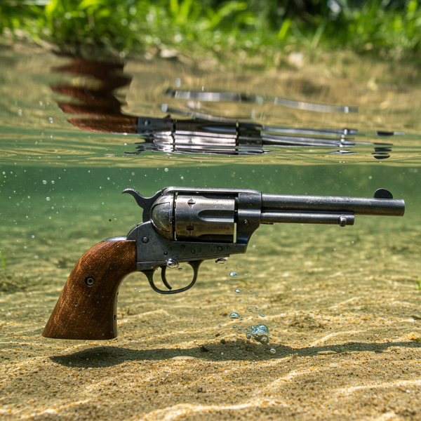 An old revolver gun under water