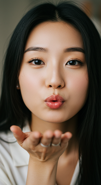 Close-up of an Asian lady blowing a kiss