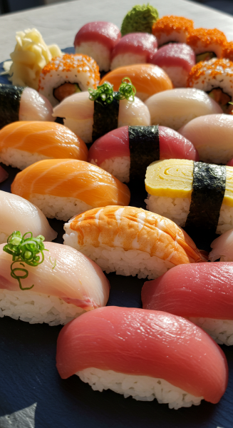 A vibrant plate of sushi beautifully arranged