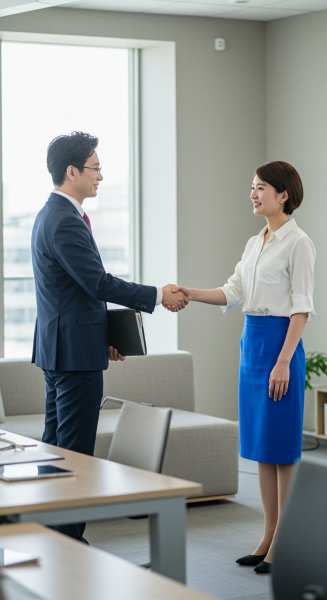 A white Businessman shaking hands with female colleague in office