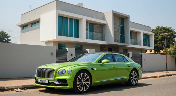 A new green Bentley parked in front a house #3