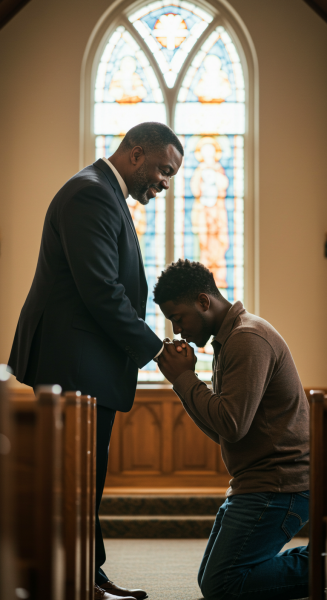 A Black Pastor praying for a young man on his knees #4
