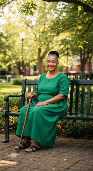 A fairly old black woman in a green dress sitting on a bench