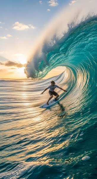 A surfer riding a giant turquoise wave