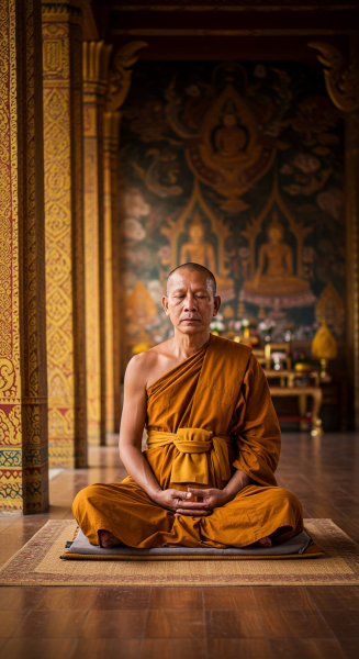 A peaceful monk meditating in a temple