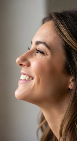 Radiant smile in a moment of pure bliss; side view