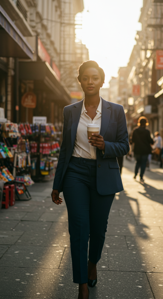 A black lady dressed in a suit walking on the street with a cup of coffee