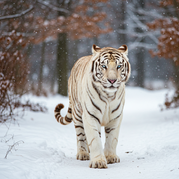 A majestic white tiger walking through a snowy forest #5