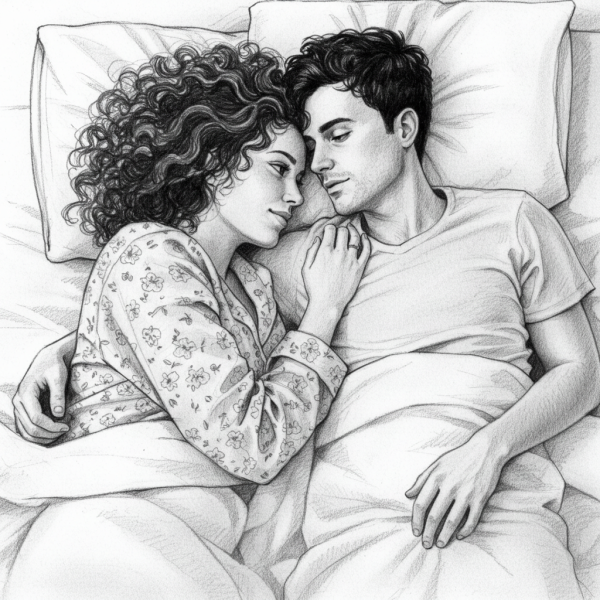 A pencil drawing of a couple in bed #1
