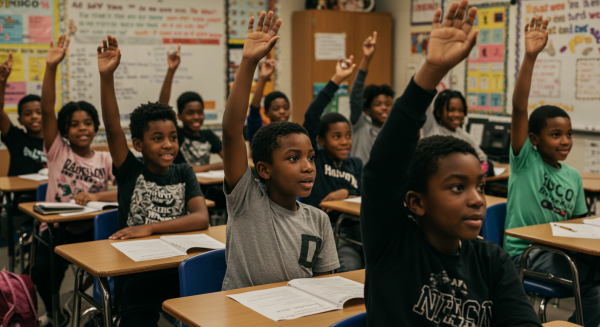Black Students raising hands in a classroom