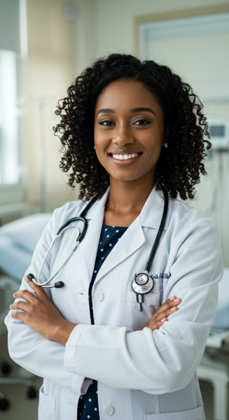 A portrait of an African female doctor with her arms folded