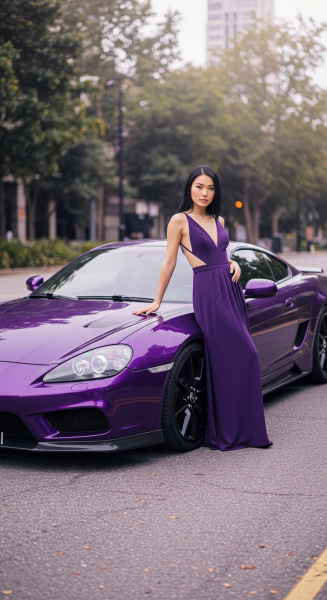 A fashion lady in purple standing by her purple car #2