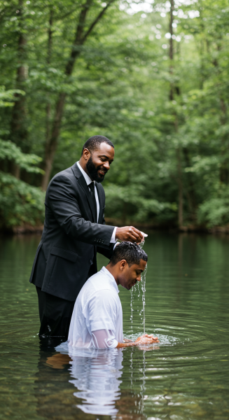 A black Pastor baptizing a man in water #3