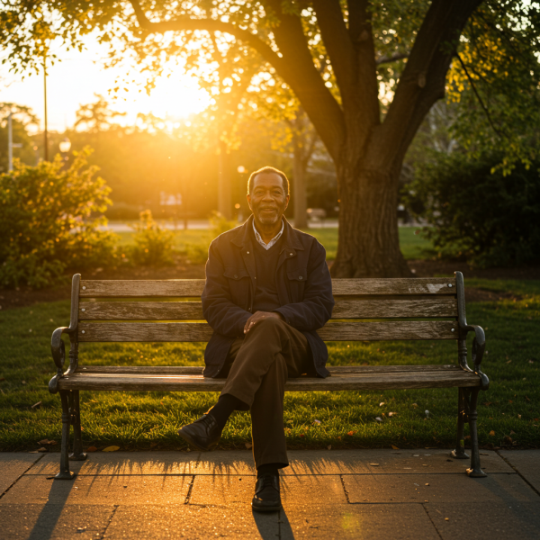 A fairly old black man sitting on a bench